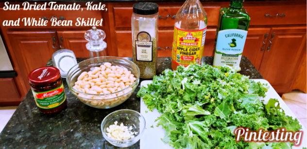 The ingredients for the Sun Dried Tomato, Kale, and White Bean Skillet